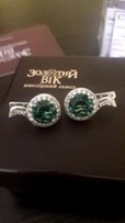 Серебряные серьги с зеленым кварцем и фианитами - Черкассы